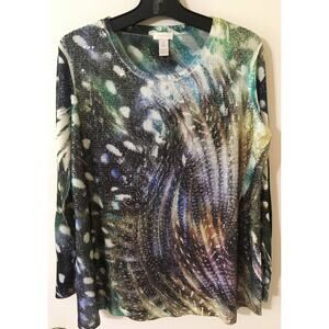 Chico's Sequence Front, Peacock Design Size 2 (12) Long sleeve, Scoop Neck Top